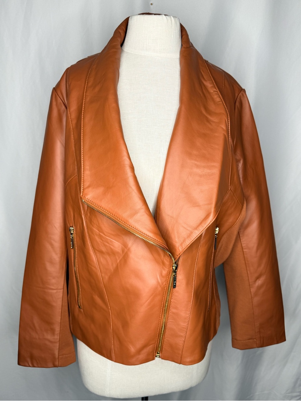 NWT IMAN Global Chic Cognac Genuine Leather Moto Jacket - Plus Size 2X